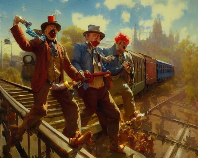 Image similar to clowns robbing a train using water guns, highly detailed painting by gaston bussiere, craig mullins, j. c. leyendecker 8 k