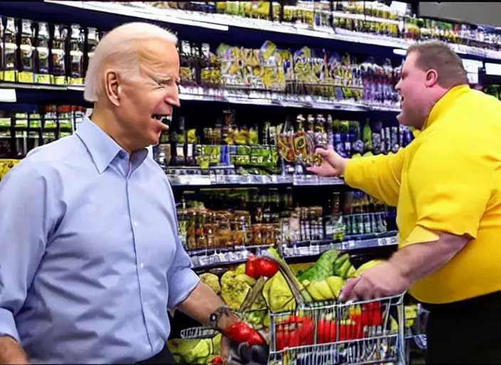 Image similar to Joe Biden punching a fat man at the supermarket, 8K, high quality, highly detailed