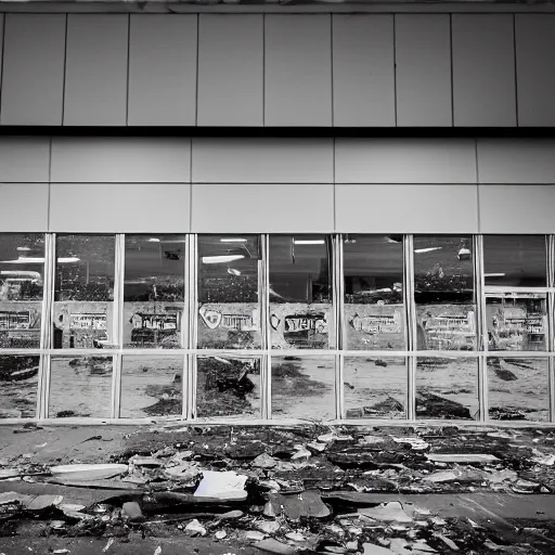 Image similar to a ransacked grocery store, broken signs, filthy flooring. Vines growing. Jpeg artifacts. Award-winning photo. Sigma 40mm f/1.4 DG HSM