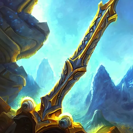 Image similar to a giant golden sword, a broad blade sword weapon, hearthstone art style, epic fantasy style art, fantasy epic digital art, epic fantasy card game art