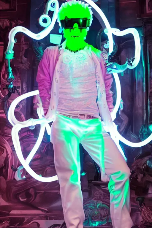 Image similar to full-body rococo and cyberpunk style neon statue of a young attractive Tanner Buchanan wearing cholo shades macho android sim roupa reclining con las piernas abertas, glowing white lasers, glowing eyes, white prince crown, black gears, diamonds, swirling mint-colored silk fabric. futuristic elements. full-length view. human skulls. large intricate artwork by caravaggio. Trending on artstation, octane render, cinematic lighting from the right, hyper realism, octane render, 8k, depth of field, 3D