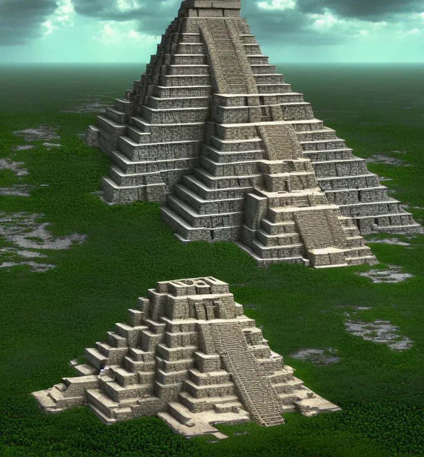 Image similar to environment of multiple detailed complex fractal architecture mayan pyramids in a vast garden wildflower landscape that meets the ocean, by glenn small, by albert bierstadt photorealism, hyper realism, octane render, unreal engine, volumetric light, depth of field, volumetric clouds, god rays, lens flares, detailed, intricate, twin motion, megascan, high resolution, realistic render