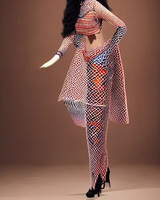 Prompt: marvelous designer 3d rendered Assamese bihu mekhela sador pattern gamosa style fashion costume design by PIERRE CARDIN, D&D futuristic retrofuturistic-sci-fi aesthetic, modern stylish glamour body hugging cosplay, bonded fiber holding geometric shapes, highly inventive pattern cutting, cgsociety, conceptual