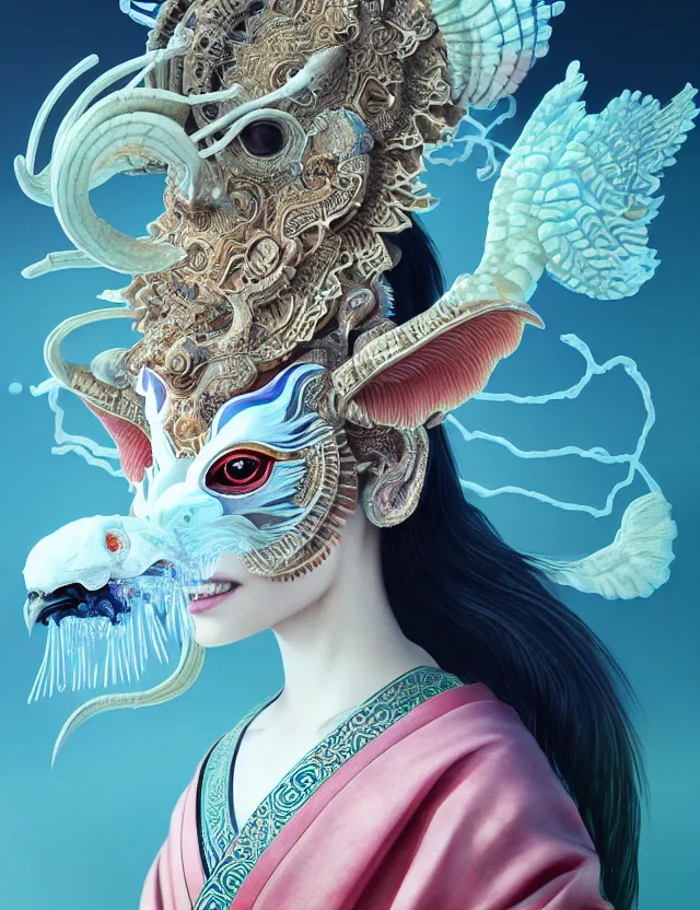 Image similar to 3 d goddess close - up frontal portrait with ram skull. beautiful intricately detailed japanese crow kitsune mask and clasical japanese kimono. betta fish, jellyfish phoenix, bio luminescent, plasma, ice, water, wind, creature, artwork by tooth wu and wlop and beeple and greg rutkowski