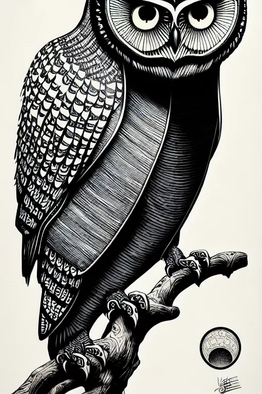 Image similar to side view of a majestic owl, high details, bold line art, by vincent di fate and joe fenton, inking, etching, screen print, masterpiece, trending on artstation, sharp, high contrast, hyper - detailed,, hd, 4 k, 8 k