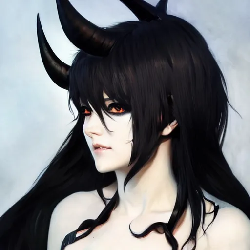 Prompt: a beautiful anime girl wtih balck horns and bat wings,white hair,full body painting,by Greg Rutkowski and Ilya Kuvshinov and Alphonse Maria Mucha,super clear detailed,hyper realistic,trending on artstation,8k