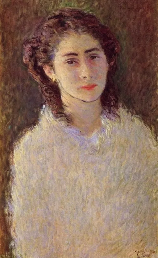 Prompt: claude monet! portrait, lady!! looking at us! brown fuzzy hair!