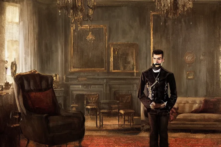 Prompt: detailed cinematic moody colors studio portrait of a victorian freddy mercury in a victorian living room, high quality by jeremy mann, only one full body single portrait