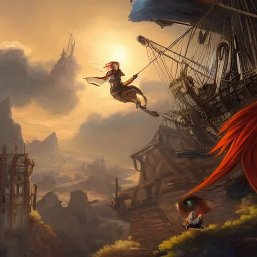 Image similar to A sky-pirate with long red hair meeting a young boy thief with blonde hair on an airship, epic fantasy art style