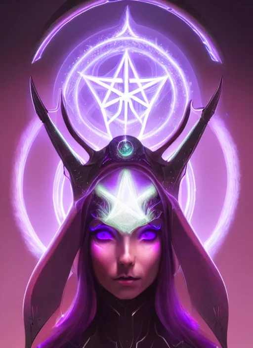 Prompt: portrait of an elf, eldar, aeldari, lady voidstar in full futuristic close fitting armor, glowing diagram of a pentagram and a star, intricate, elegant, purple, glowing lights, highly detailed, digital painting, artstation, concept art, smooth, sharp focus, illustration, art by wlop, mars ravelo and greg rutkowski