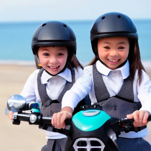 Prompt: very detailed stockphoto of two! little girls wearing a grey school uniform riding a scooter along the beach road