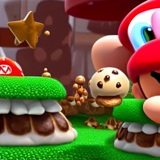 Image similar to hyper realistic super Mario eating mushrooms that take him to a parallel universe where giant mutated turtles eat anthropomorphic toadstools while they scream