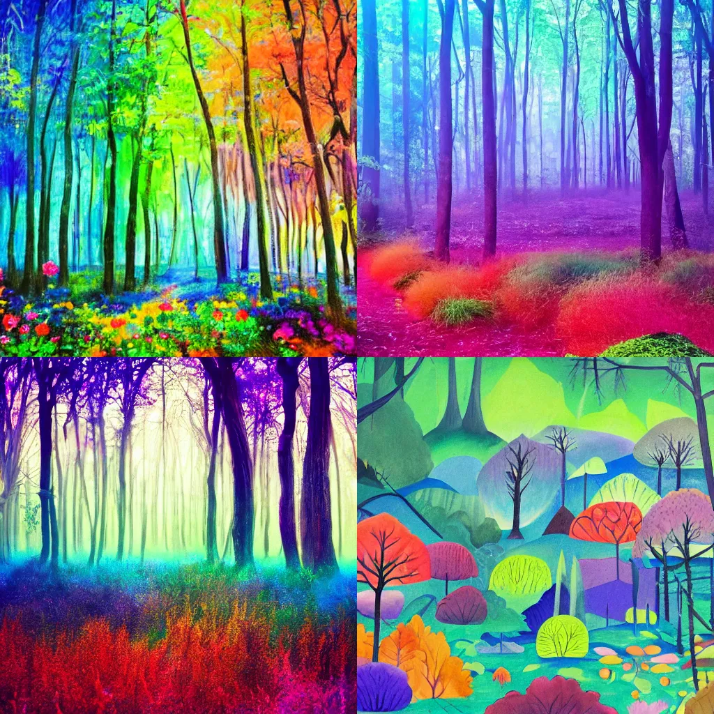 Prompt: a landscape of a mystical colorful forest filled with life
