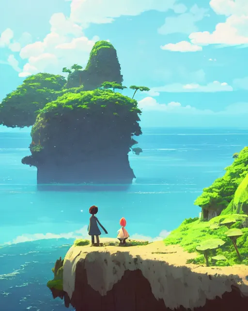 Prompt: a forgotten island with floating rocks, lush vegetation, fluffy clouds, azure water, cory loftis, james gilleard, atey ghailan, makoto shinkai, goro fujita, studio ghibli, rim light, exquisite lighting, clear focus, very coherent, plain background, soft painting