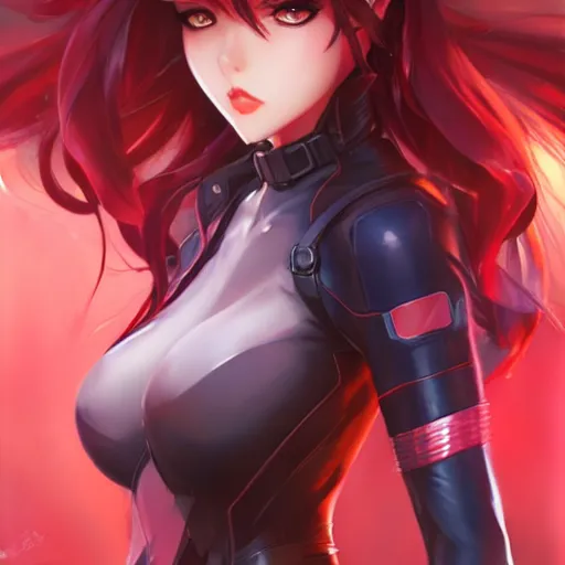 Image similar to black widow as an anime girl by Stanley Artgerm Lau, WLOP, Rossdraws, James Jean, Andrei Riabovitchev, Marc Simonetti, and Sakimichan, trending on artstation