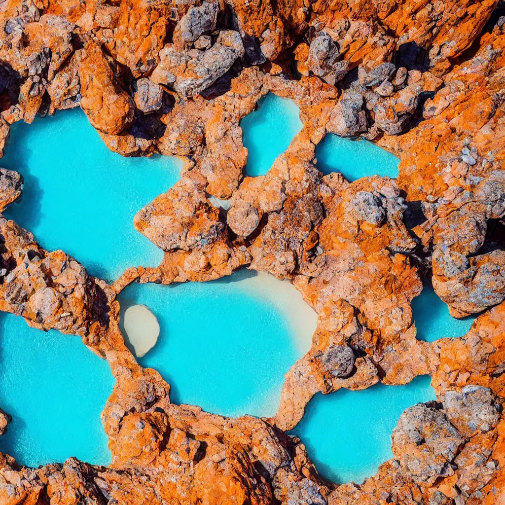 Image similar to bismuth boulders, orange sand desert with pools of bright milky blue water, birds eye view, dreamy