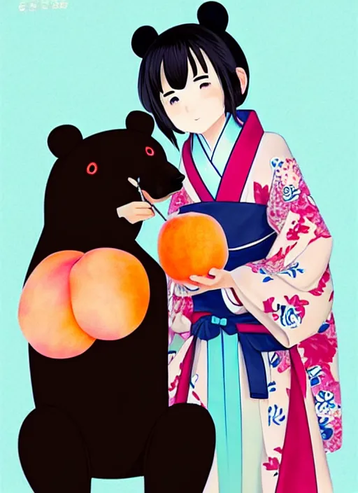 Image similar to a girl wearing a kimono giving a peach to a large anthropomorphic asian black bear, anime art, featured in artstation, artgerm, award winning, cinematic, elegant, intricate, 8 k, in the style of heikala and timothy kong and laia lopez and viorie,