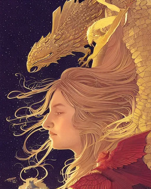 Image similar to a beautiful maiden with golden hair caressing a wyvern, close up, digital art, illustrated by james gurney and victo ngai