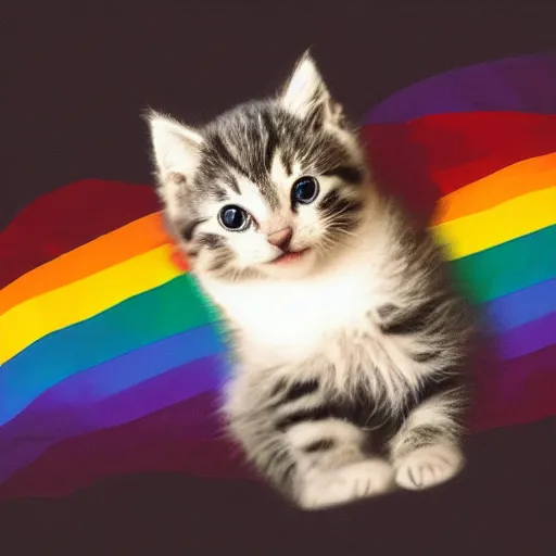 Image similar to a kitten on a rainbow wearing a bowtie