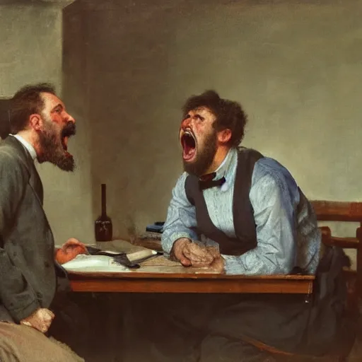 Image similar to an angry man yells at his computer monitor, oil on canvas, 1 8 8 3, highly detailed