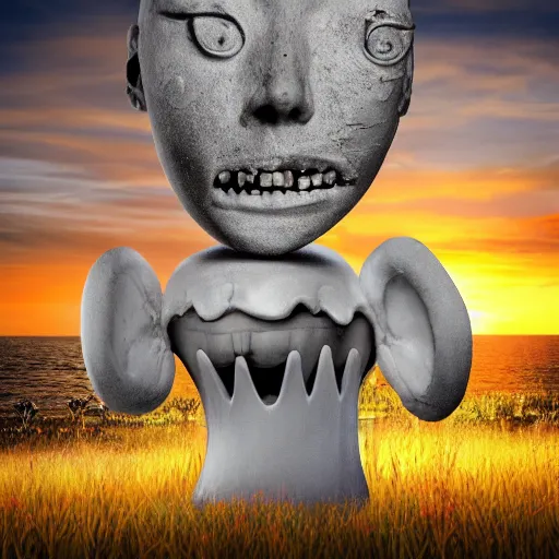 Prompt: person with face made out of mushroom and teeth made out of knives, hyper realistic photograph, beautiful sunset background