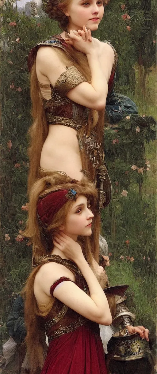 Image similar to annasophia robb in medieval armour, bowl haircut, mucha and bouguereau