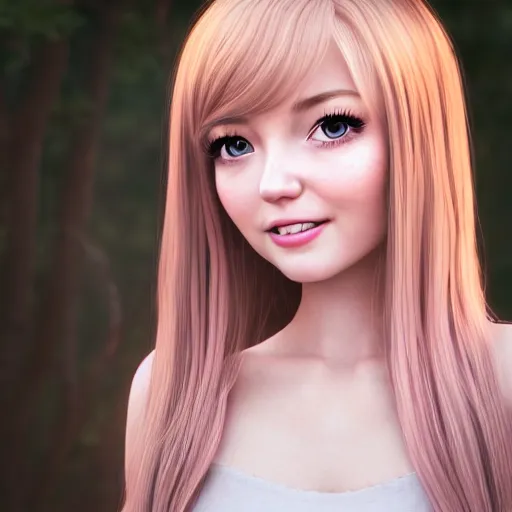 Image similar to beautiful intricate photograph of nikki from shining nikki dress - up game, a cute young woman, light pink hair, long hair with full bangs, full heart - shaped face, amber eye color, pale skin, light blush, chinese heritage,, smiling softly,, golden hour, soft focus, 8 k, hyperrealism, hyperdetailed