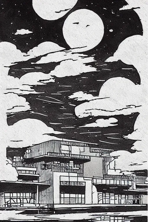 Prompt: seaside modern building, night, moon in sky encircled by clouds, heavy ink!!!!!!! mike mignola