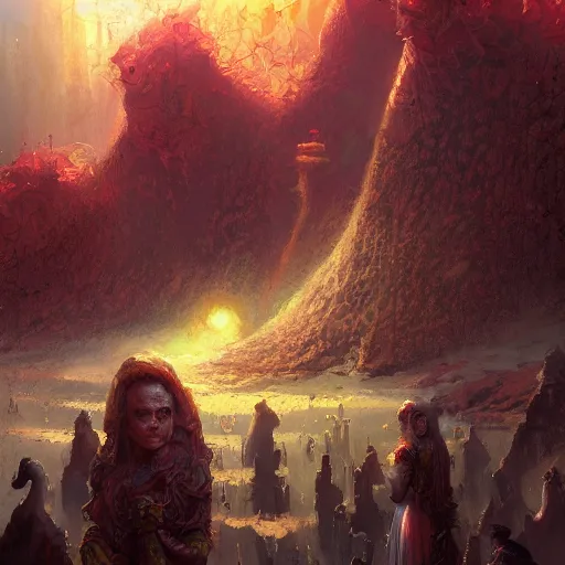 Image similar to a painting of the mothers of the sun by marc simonetti, dark fantasy art, high detail, trending on artstation