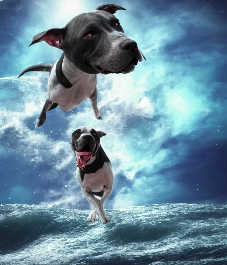 Prompt: photo of a dark gray coat pit bull with a white paws and a white nose!, surfing on a surfboard in a crashing wave of alien galaxy, trending on art station, ocean in space, background is an alien galaxy, aliens in the background, alien colors, octane render, unreal engine, wide view, 8 k, highly detailed