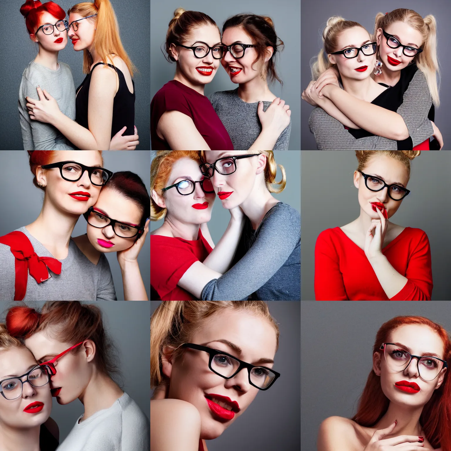 Prompt: A high quality studio photo of a skinny beautiful young blonde woman with a bun and red lipstick wearing big, large and thick and black eyeglasses kissing a beautiful young woman with red hair, who is wearing large crystal clear eye-glasses, 35mm, studio lighting, grey background, digital art, oil painting, lesbian couple photo shooting