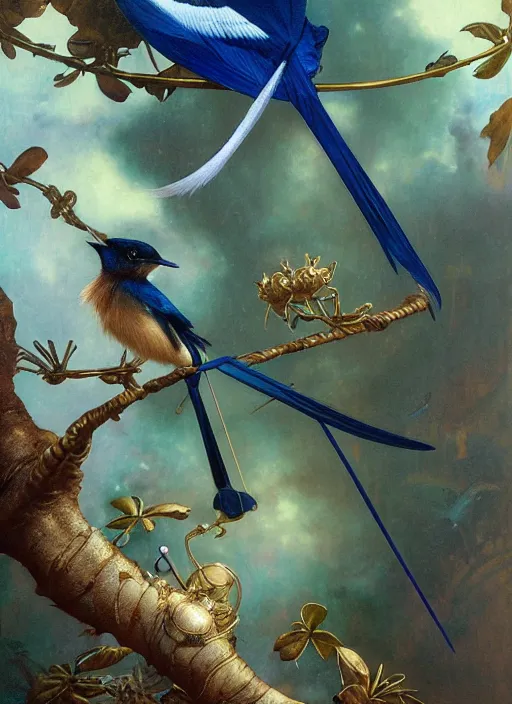 Prompt: hyper realistic paradise flycatcher, refined details, denoised, birds eye view, magical, gems, jewels, gold, steampunk, cyberpunk utopia, painted by tom bagshaw, mucha, gaston bussiere, craig mullins, j. c. leyendecker 8 k