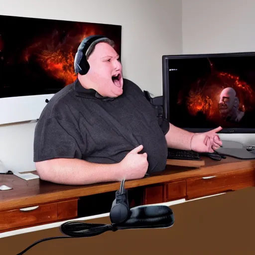 Image similar to obese Frank Miller wearing a headset yelling at his monitor while playing WoW highly detailed wide angle lens 10:9 aspect ration award winning photography