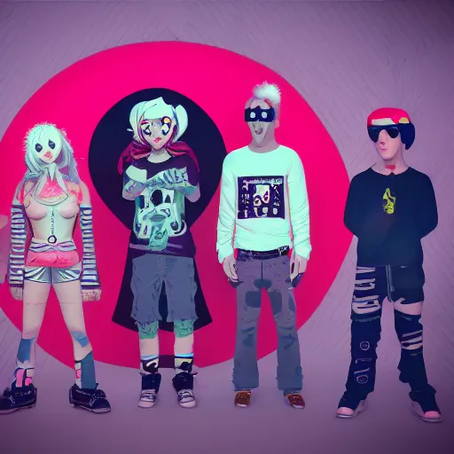 Image similar to bandphoto of chiptune band, in the style of billelis and james jean and pedro conti and stanley kubrick, inspired by die antwoord, kawaii colors, photorealistic, epic, super technical, 3 d render