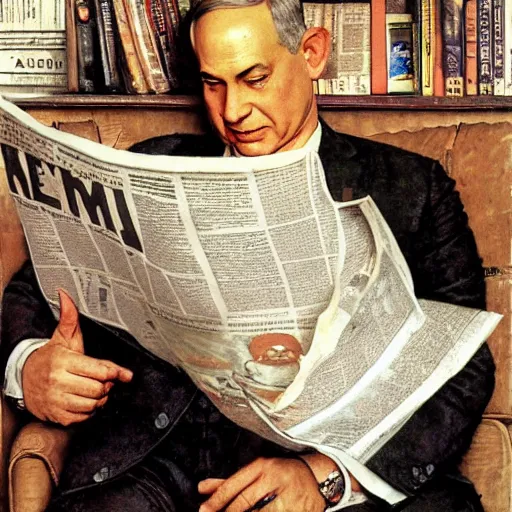 Image similar to portrait of benjamin netanyahu reading a newspaper, by norman rockwell