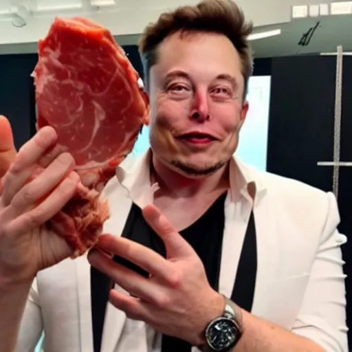 Image similar to elon musk holding a piece of meat, offering it to you