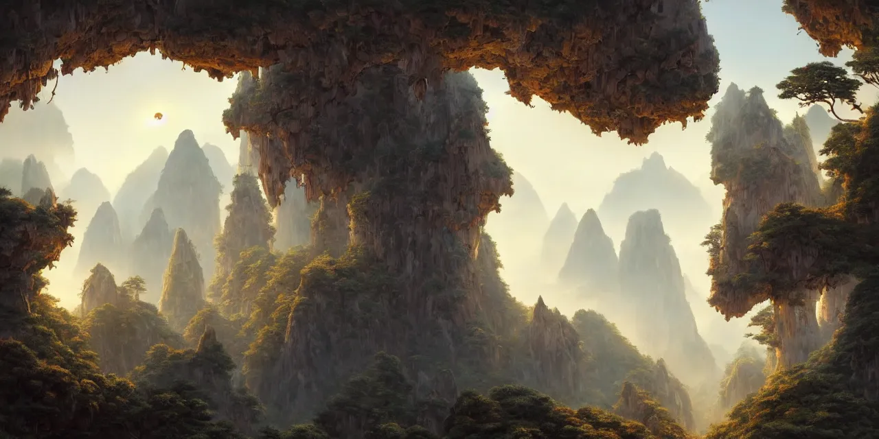 Prompt: huangshan with floating islands, zero gravity, karst pillars, complex buddisht temples on hilltops, artwork by ansel adams, andreas rocha, greg rutkowski, artstation, scifi, hd, wide angle, view on the valley from inside a grotto, autumnal, sunset