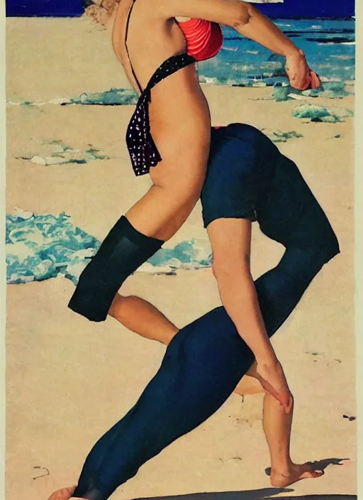 Image similar to a pin up girl doing yoga with a futuristic kimono in middle of the beach by norman rockwell and jack vettriano art nouveau aesthetic