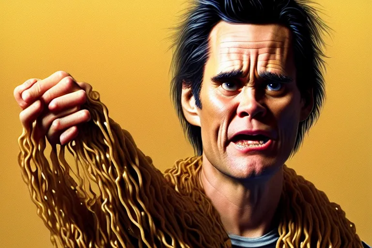 Prompt: ramen noodles jim carrey, hyper detailed, digital art, artstation, cinematic lighting, studio quality, smooth render, by caravaggio, artgerm, greg rutkowski