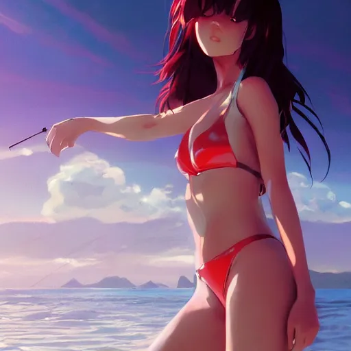 Prompt: cgsociety, by wlop, ilya kuvshinov, krenz cushart, greg rutkowski, trending on artstation. anime girl wearing latex bikini. cinematic dramatic atmosphere, sharp focus, volumetric lighting.