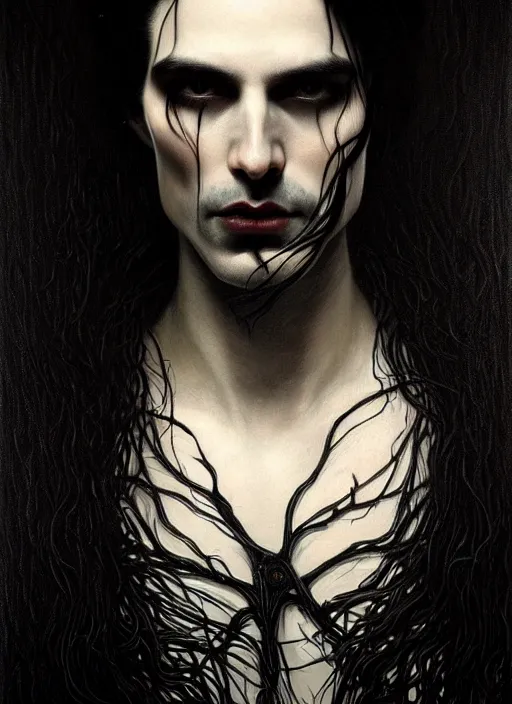 Image similar to highly detailed oil painting | very intricate | cinematic lighting | black, white and blood color scheme, dark background | portrait of a exquisite beautiful vampire man with long elegant tangles of black hair, eyes, gothic fog ambience, hyper realistic head, fantasy victorian art, in the style of greg rutkowski, zdizslaw beksinski, intricate, alphonse mucha