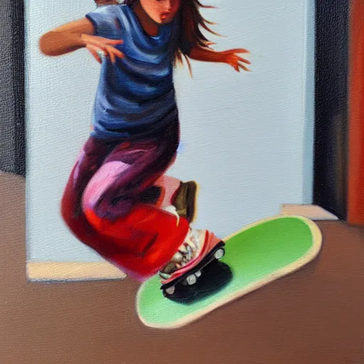 Image similar to girl playing skateboard, oil painting