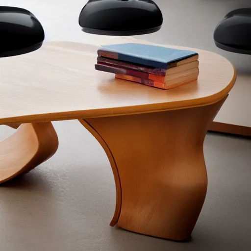 Prompt: futuristic wood table with surreal legs by frank gehry, brutalist style, product shot