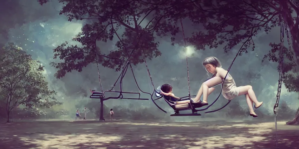 Image similar to hyperrealistic photography of a gentle cyborg pushing an android child on a swing in a cyborg park in the style of Jin Kagetsu, patricia piccinini, James Jean and wlop, highly detailed, masterpiece, award-winning, sharp focus, intricate concept art, ambient lighting, 8k, artstation