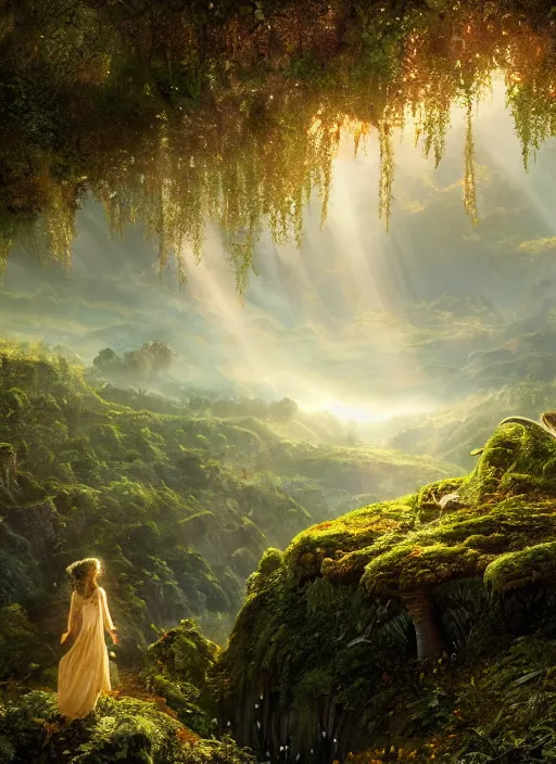 Image similar to an elegant fairy with wings of lace looking out at a lord of the rings scenery landscape, vast lush valley flowers and mushroom structures, stream, sunrise, god's rays highly detailed, vivid color, cinematic lighting, perfect composition, 8 k, gustave dore, derek zabrocki, greg rutkowski, belsinski, octane render