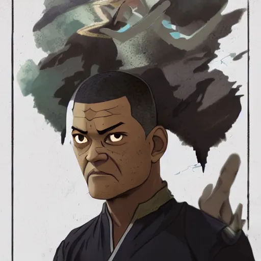 Prompt: Laurence Fishburne in Avatar: the last airbender, designed by Bryan Konietzko, by Greg Rutkowski