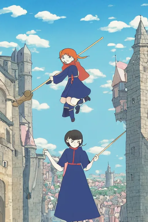 Prompt: A girl on a broomstick flying over the city sky at afternoon ,Medieval Cities ,Eye-catching blue accents,by studio ghibli,Interaction of Color, graphic design