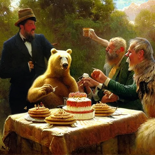 Prompt: a bear eating cake at his 7 0's birthday at a zoo, highly detailed painting by gaston bussiere, craig mullins, j. c. leyendecker