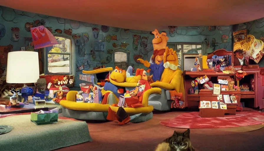 Image similar to 1990s photo of inside the Garfield's Wild Dream ride at Universal Studios in Orlando, Florida, riding a box with a blanket, with Garfield the cartoon cat, through a living room filled lasagna, coffee cups, and lava lamps, cinematic, UHD