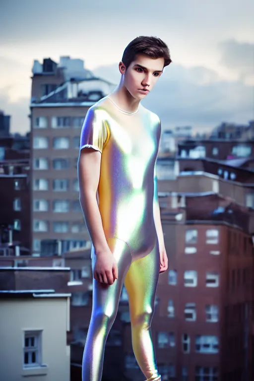 Image similar to un ultra high definition studio quality photographic art portrait of a young man standing on the rooftop of a british apartment building wearing soft baggy padded silver iridescent pearlescent clothing. three point light. extremely detailed. golden ratio, ray tracing, volumetric light, shallow depth of field. set dressed.